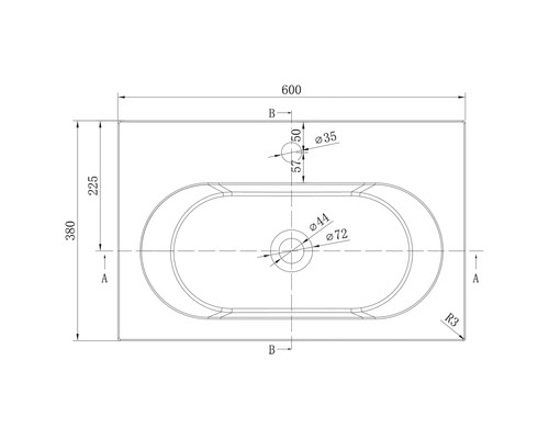 Technický výkres obdĺžnikového umývadla v pohľade zhora s rozmermi 600 na 380 milimetrov a detailmi otvorov.