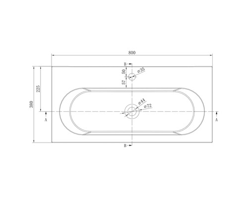 Technický výkres umývadla v pohľade zhora s rozmermi v milimetroch. Šírka 800 milimetrov, hĺbka 380 milimetrov.