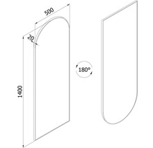 Technický nákres oblúkového panela, výška 1400 milimetrov, šírka 500 milimetrov, hĺbka 20 milimetrov, otočný o 180 stupňov.