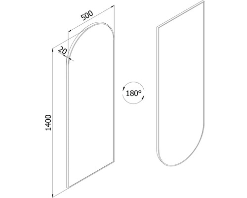Technický nákres oblúkového panela, výška 1400 milimetrov, šírka 500 milimetrov, hĺbka 20 milimetrov, otočný o 180 stupňov.