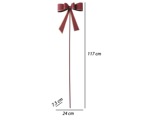 Záhradný zápich s červenou mašľou a zlatým okrajom, výška 117 centimetrov, šírka 24 centimetrov, hĺbka 7,5 centimetra.