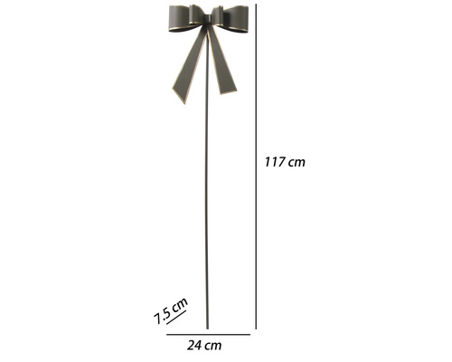 Kovový záhradný zápich s dekoratívnou mašľou, výška 117 centimetrov, šírka 24 centimetrov, hĺbka 7,5 centimetrov.