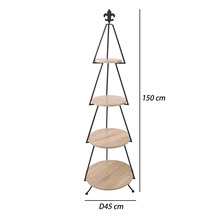 Pyramídový kovový stojan so štyrmi okrúhlymi drevenými policami, ozdoba ľalie, výška 150 centimetrov, priemer 45 centimetrov.