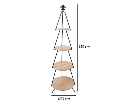 Pyramídový kovový stojan so štyrmi okrúhlymi drevenými policami, ozdoba ľalie, výška 150 centimetrov, priemer 45 centimetrov.