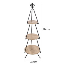 Trojposchodový regál na kvety z kovu a dreva s ozdobnou ľaliou, výška 114 centimetrov, priemer 38 centimetrov.