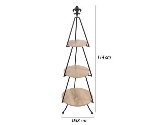 Trojposchodový regál na kvety z kovu a dreva s ozdobnou ľaliou, výška 114 centimetrov, priemer 38 centimetrov.