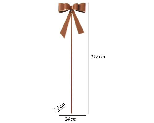 Hnedý kovový záhradný zápich s mašľou, výška 117 centimetrov, šírka 24 centimetrov, hĺbka 7,5 centimetra.