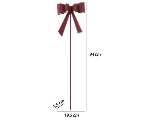 Červená dekoratívna mašľa na tyči so zlatým okrajom, výška 94 centimetrov, šírka 19,5 centimetrov, hĺbka 5,5 centimetrov.