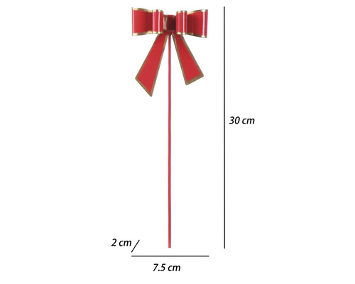 Červený záhradný zápich v tvare mašle z kovu, výška 30 centimetrov, šírka 7,5 centimetra, hĺbka 2 centimetre.