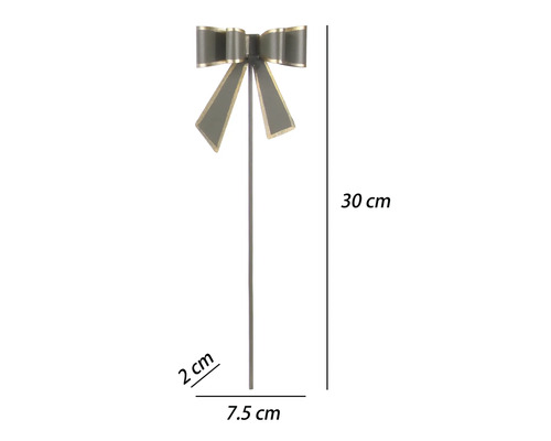 Šedý zápich do kvetináča s mašľou a zlatým okrajom, výška 30 centimetrov, šírka 7,5 centimetra, hĺbka 2 centimetre.
