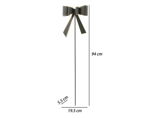 Záhradný zápich z kovu v tvare tmavej mašle so zlatým okrajom, výška 94 centimetrov, šírka 19,5 centimetra, hĺbka 5,5 centimetra.