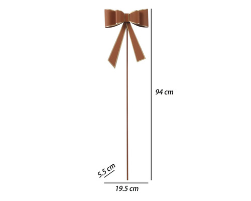 Záhradný zápich s hnedou dekoratívnou mašľou, rozmery 94 krát 19,5 krát 5,5 centimetrov.