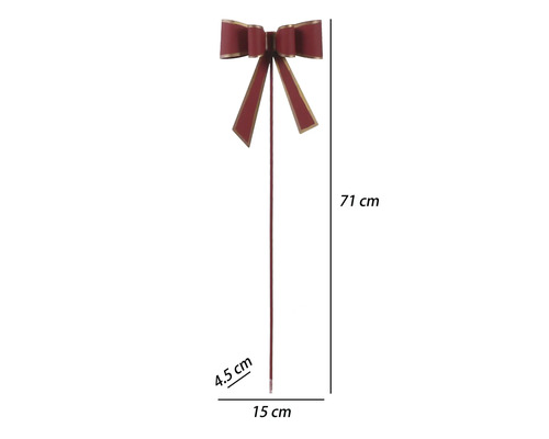 Dekoratívna červená mašľa na tyči so zlatým okrajom, výška 71 centimetrov, šírka 15 centimetrov, hĺbka 4,5 centimetra.