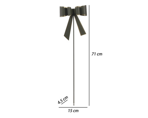 Kovový záhradný zápich v tvare mašle, výška 71 centimetrov, šírka 15 centimetrov, hĺbka 4,5 centimetra.