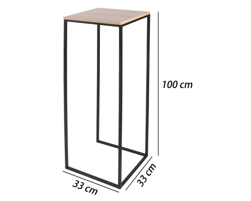 Vysoký stojan na kvety s čiernym kovovým rámom a svetlou doskou v dekore dreva, rozmery 100 centimetrov výška a 33 na 33 centimetrov šírka.