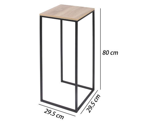 Stojan na kvety s kovovým rámom a drevenou doskou, výška 80 centimetrov, šírka 29,5 centimetra, hĺbka 29,5 centimetra.
