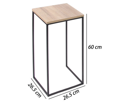 Stojan na kvety s drevenou doskou a čiernym kovovým rámom, výška 60 centimetrov, šírka 26,5 centimetrov, hĺbka 26,5 centimetrov.