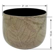 Kvetináč s motívom listov, priemer 21 centimetrov, výška 16 centimetrov.