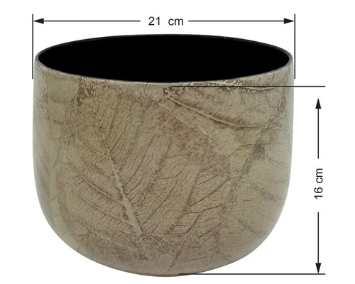Kvetináč s motívom listov, priemer 21 centimetrov, výška 16 centimetrov.