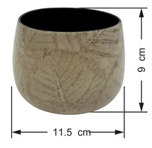 Okrúhly kvetináč s listovým vzorom, výška 9 centimetrov, priemer 11,5 centimetra.