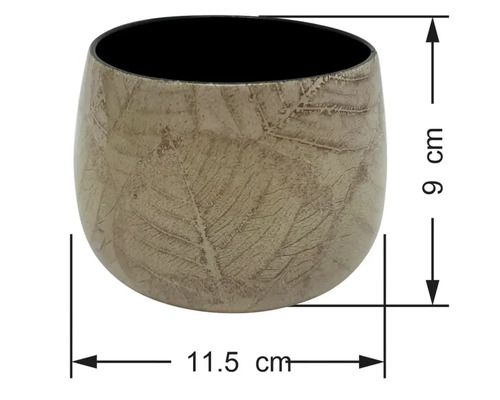Okrúhly kvetináč s listovým vzorom, výška 9 centimetrov, priemer 11,5 centimetra.