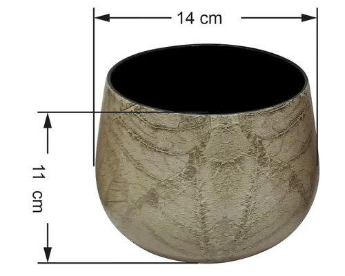 Okrúhly kvetináč so štruktúrovaným povrchom, priemer 14 centimetrov, výška 11 centimetrov.
