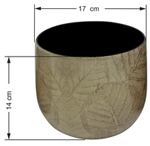 Béžový kvetináč so vzorom listov a čiernym vnútrom, priemer 17 centimetrov, výška 14 centimetrov.
