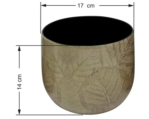 Béžový kvetináč so vzorom listov a čiernym vnútrom, priemer 17 centimetrov, výška 14 centimetrov.