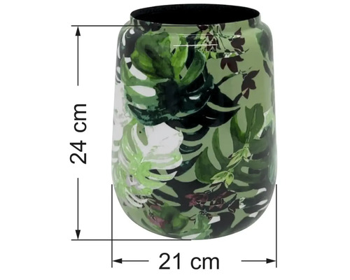 Váza so vzorom listov monstery, výška 24 centimetrov, priemer 21 centimetrov.