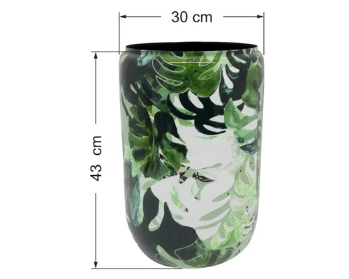 Dekoratívna váza so vzorom zelených listov monstery, výška 43 centimetrov, šírka 30 centimetrov.