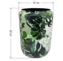 Kvetináč s motívom listov, výška 62 centimetrov, priemer 47 centimetrov.