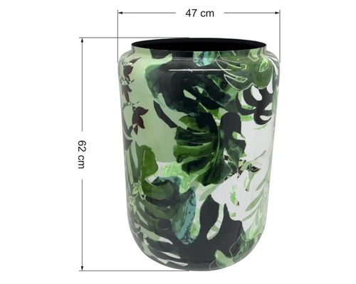 Kvetináč s motívom listov, výška 62 centimetrov, priemer 47 centimetrov.