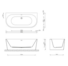 Technický výkres vane s rozmermi v milimetroch, pohľad zhora, spredu a zboku.