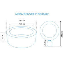 Rozmery vírivky MSPA Denver F-DE066W: vonkajší priemer 182 centimetrov, vnútorný priemer 160 centimetrov, výška 70 centimetrov.