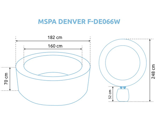 Rozmery vírivky MSPA Denver F-DE066W: vonkajší priemer 182 centimetrov, vnútorný priemer 160 centimetrov, výška 70 centimetrov.