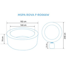 Technický nákres vírivky MSPA ROVA s vonkajším rozmerom 182 centimetrov, vnútorným rozmerom 160 centimetrov a výškou 70 centimetrov.