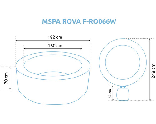Technický nákres vírivky MSPA ROVA s vonkajším rozmerom 182 centimetrov, vnútorným rozmerom 160 centimetrov a výškou 70 centimetrov.