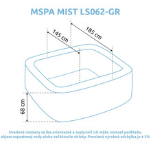 Rozmerový nákres vírivky MSPA MIST LS062-GR s rozmermi 185 centimetrov krát 145 centimetrov krát 68 centimetrov.