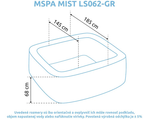 Rozmerový nákres vírivky MSPA MIST LS062-GR s rozmermi 185 centimetrov krát 145 centimetrov krát 68 centimetrov.