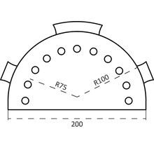 Technický nákres polkruhovej dosky s otvormi, priemer dvesto milimetrov, polomer sedemdesiatpäť a sto milimetrov.