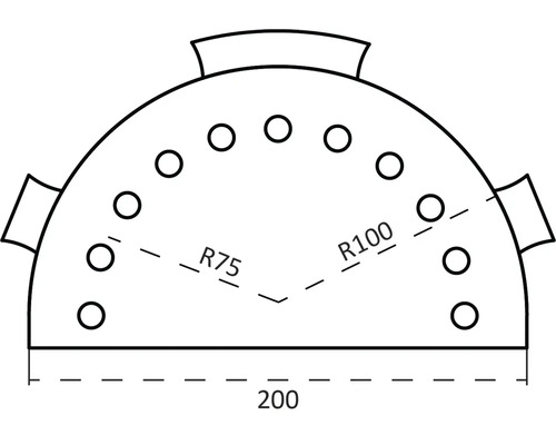 Technický nákres polkruhovej dosky s otvormi, priemer dvesto milimetrov, polomer sedemdesiatpäť a sto milimetrov.