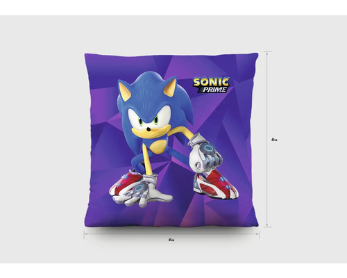 Štvorcový dekoračný vankúš s motívom Sonic Prime, 45 na 45 centimetrov.