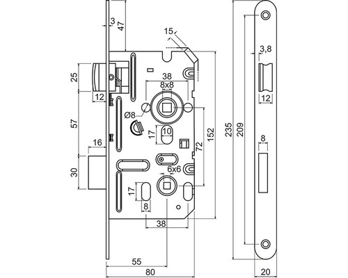 Technický nákres zadlabávacieho zámku s detailnými rozmermi v milimetroch.