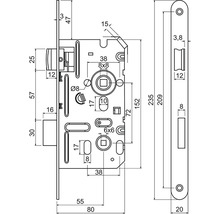 Technický nákres zadlabávacieho zámku s detailnými rozmermi pre montáž.