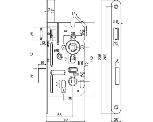 Technický nákres zadlabávacieho zámku s detailnými rozmermi pre montáž.