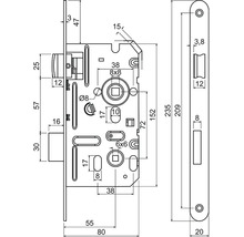Technický nákres zadlabávacieho zámku s vyobrazením rozmerov v milimetroch pre montáž.
