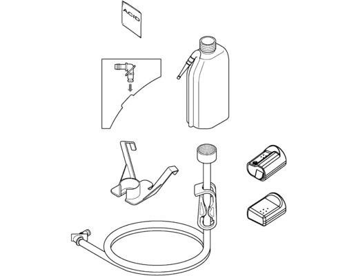 Rozkreslený nákres súpravy kyseliny do batérie s nádobou, hadicou, držiakom a upozornením na kyselinu