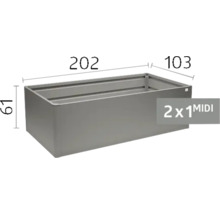 Sivý kovový vyvýšený záhon model 2x1 MIDI s rozmermi 202 centimetrov dĺžka, 103 centimetrov šírka a 61 centimetrov výška.