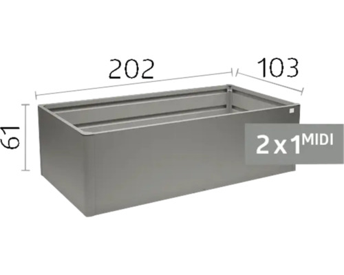 Sivý kovový vyvýšený záhon model 2x1 MIDI s rozmermi 202 centimetrov dĺžka, 103 centimetrov šírka a 61 centimetrov výška.