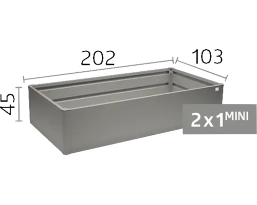 Kovový vyvýšený záhon s rozmermi 202 centimetrov dĺžka, 103 centimetrov šírka a 45 centimetrov výška, model 2x1 MINI.